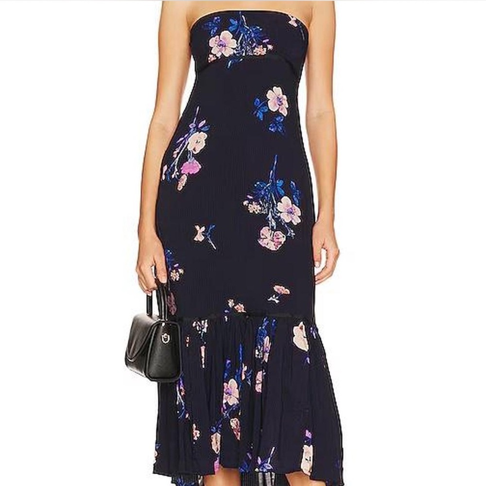 Free People Ruffled Blue and Pink Floral Strapless Midi Dress